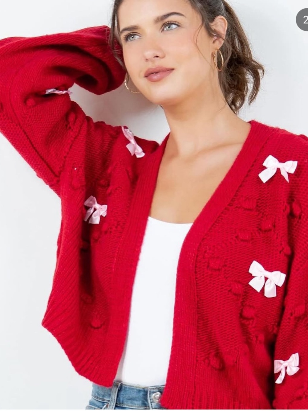 Red bow sweater cardigan M/L - Picture 2 of 6